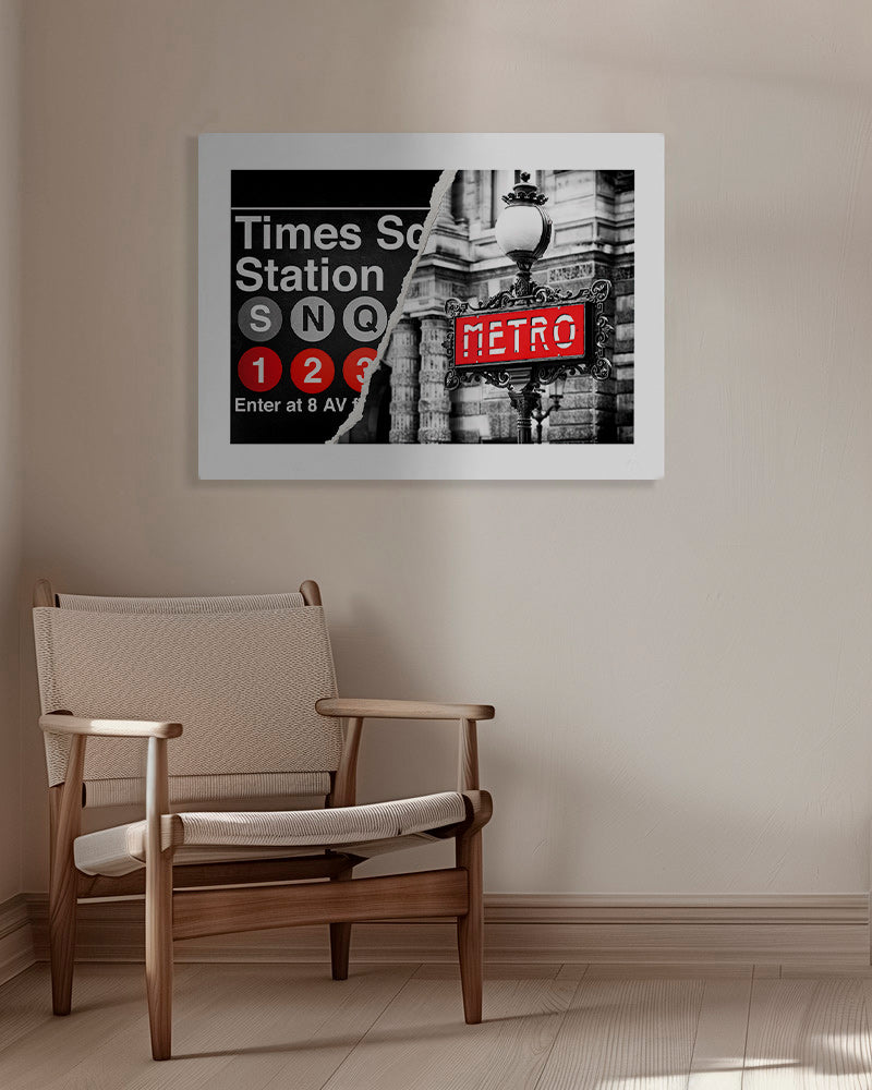 Cuadro de ciudades con letrero Metro en rojo – Canvas