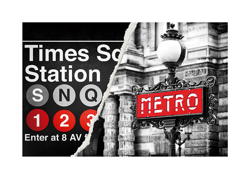Cuadro de ciudades con letrero Metro en rojo