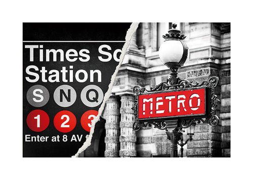 Cuadro de ciudades con letrero Metro en rojo