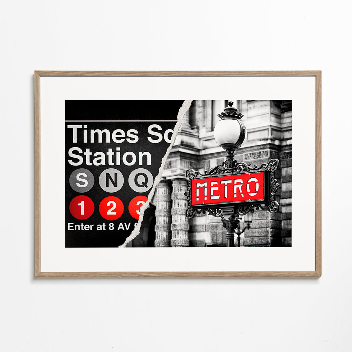 Cuadro de ciudades con letrero Metro en rojo – Oak Frame