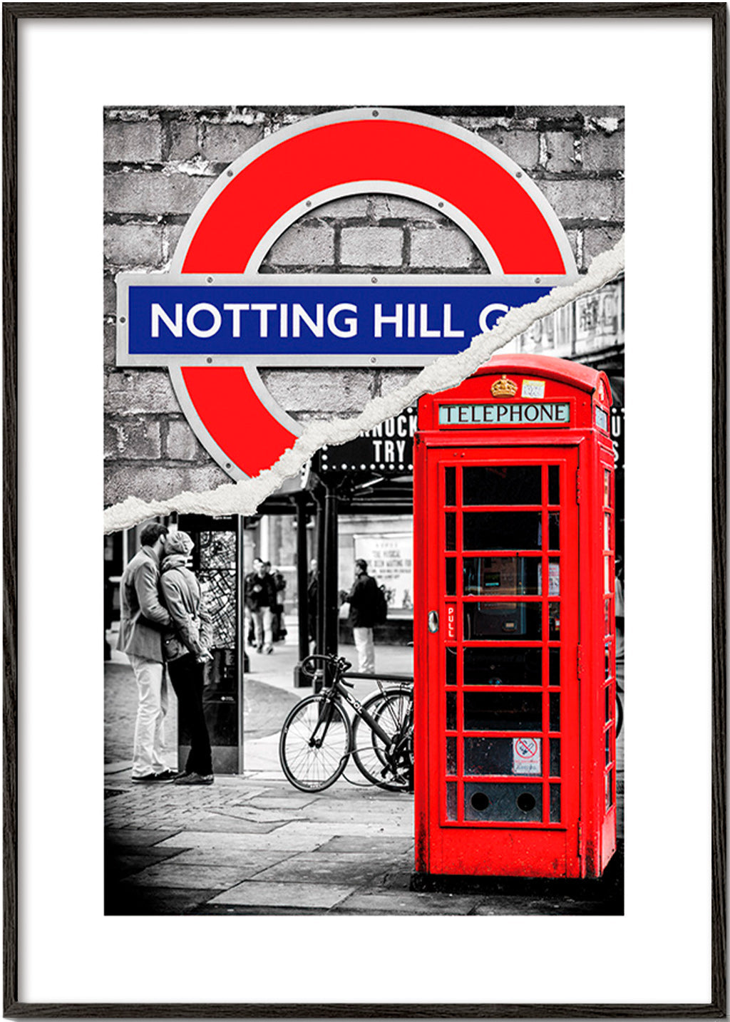 Cuadro de ciudades con cabina telefónica roja en Notting Hill – Black Frame