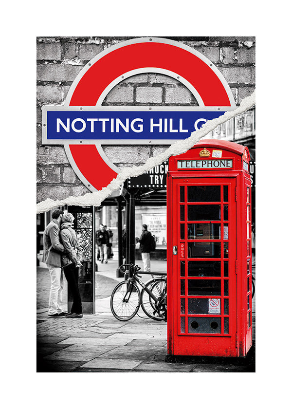 Cuadro de ciudades con cabina telefónica roja en Notting Hill