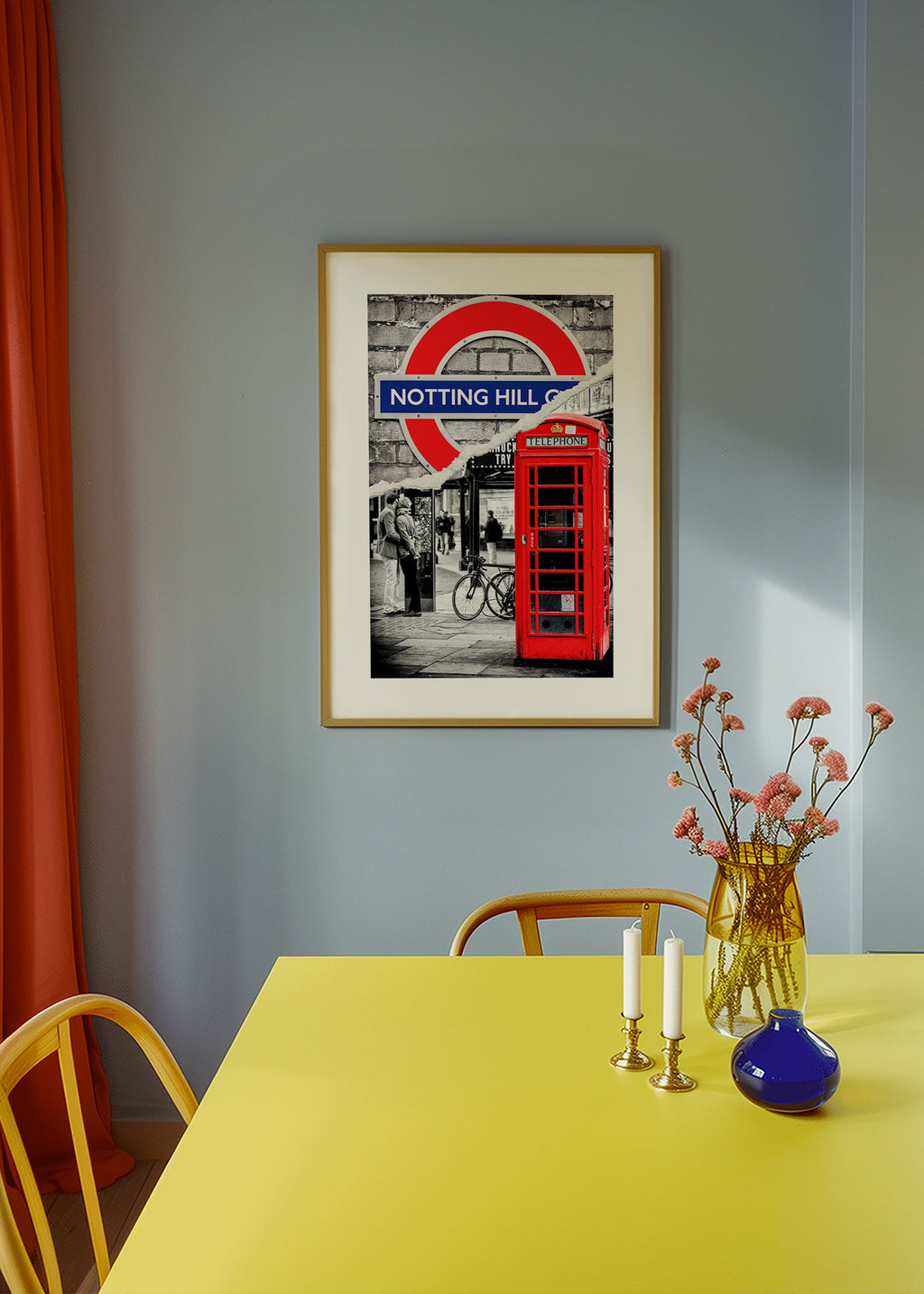 Cuadro de ciudades con cabina telefónica roja en Notting Hill – Product3