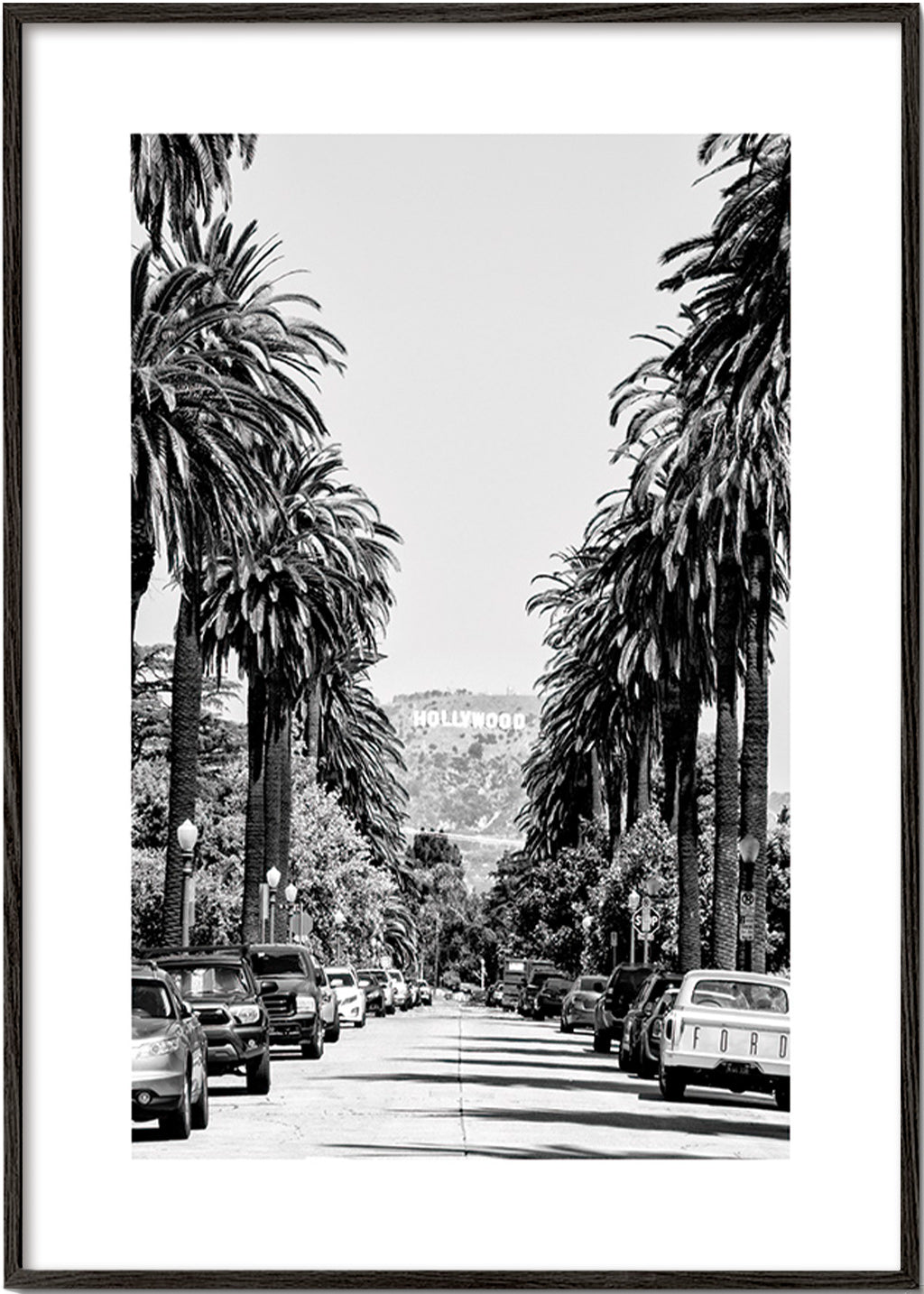 Cuadro de ciudades Hollywood en blanco y negro con palmeras – Black Frame