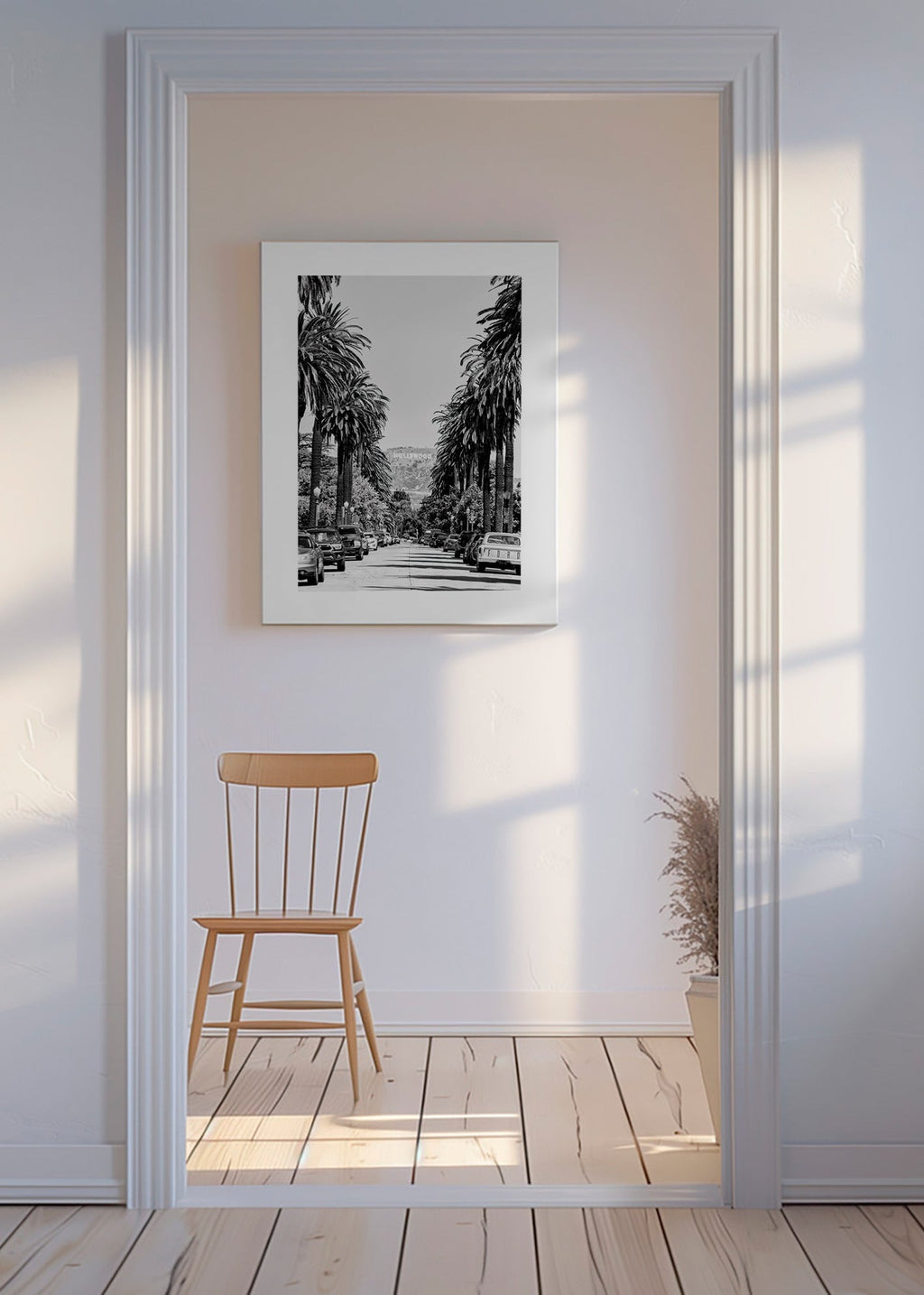 Cuadro de ciudades Hollywood en blanco y negro con palmeras – Canvas