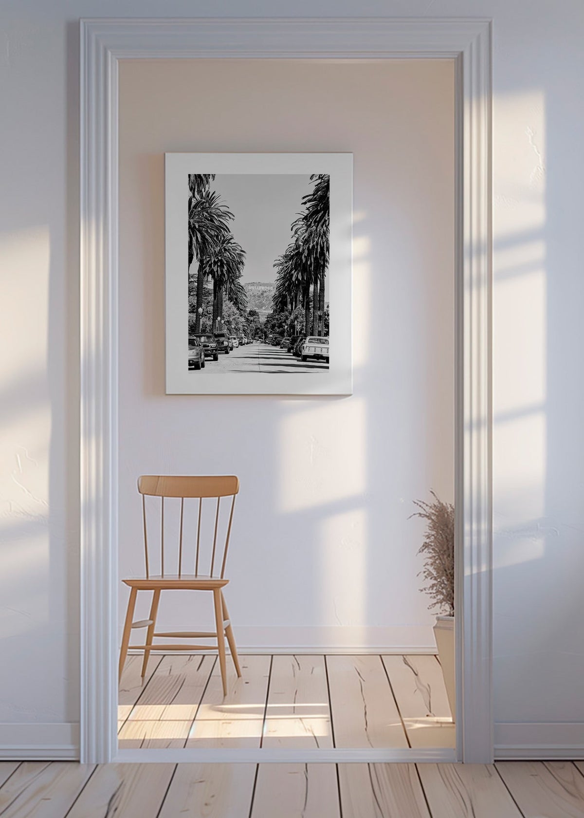 Cuadro de ciudades Hollywood en blanco y negro con palmeras – Canvas