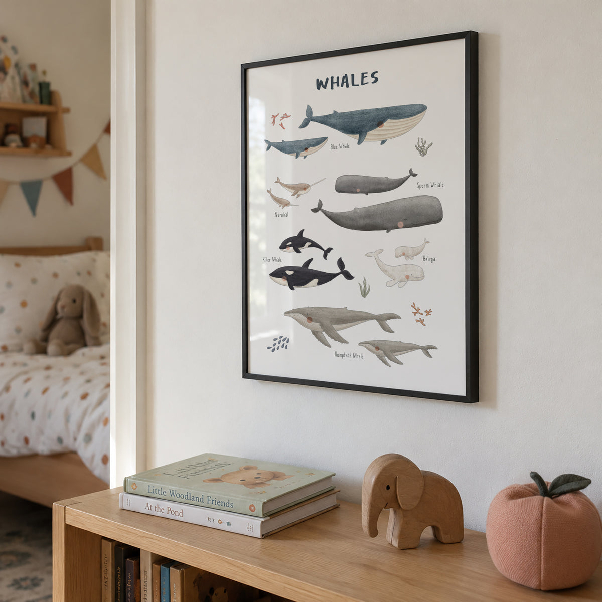 Ballenas fondo blanco (inglés) - Framed poster in an interior
