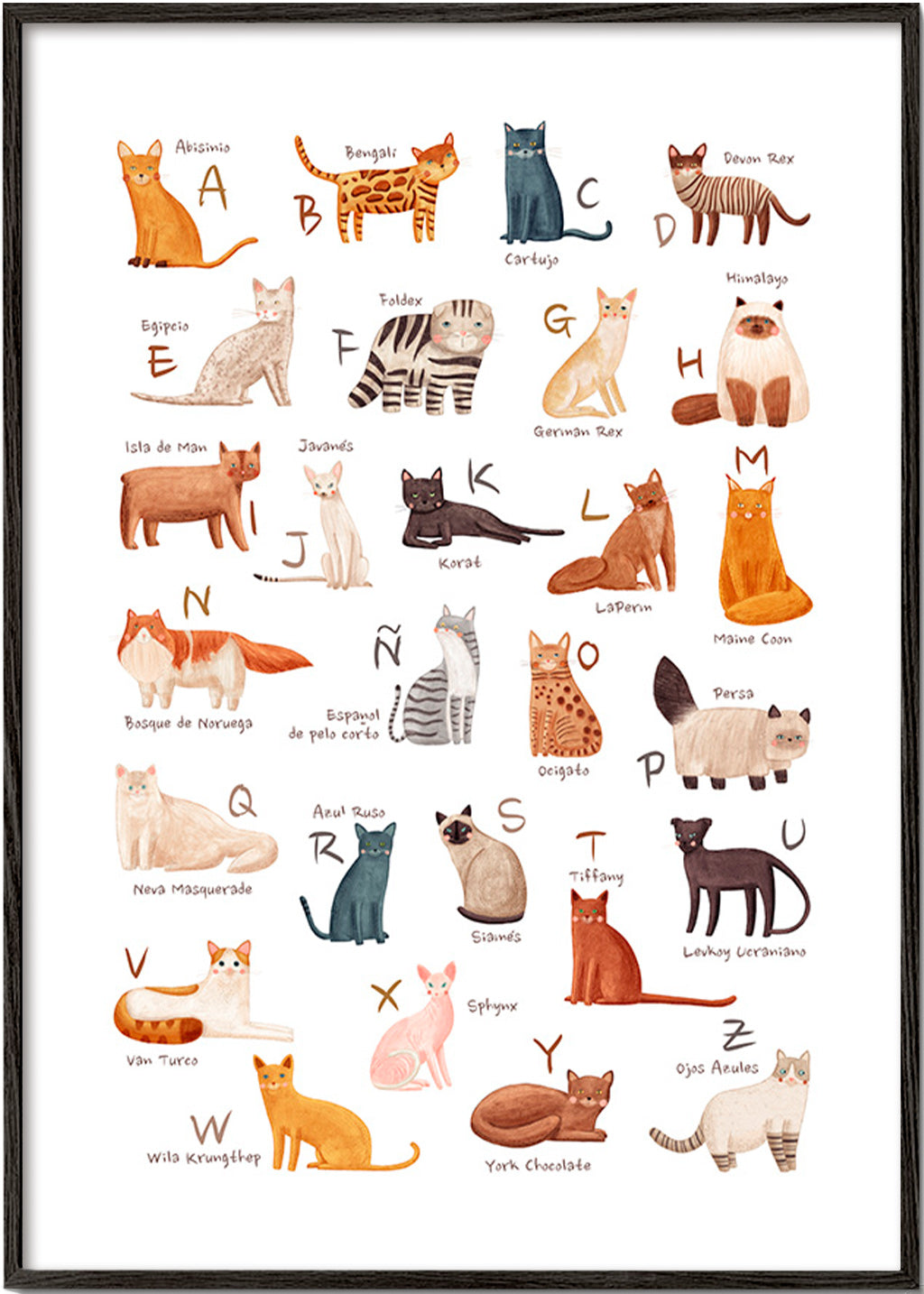 Lámina infantil Abecedario de gatos ilustrado – Black Frame