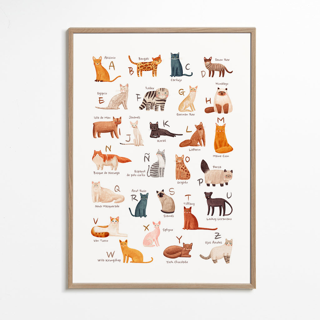 Lámina infantil Abecedario de gatos ilustrado – Oak Frame