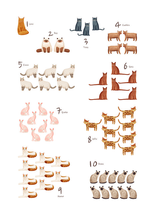 Lámina infantil con números y gatos ilustrados