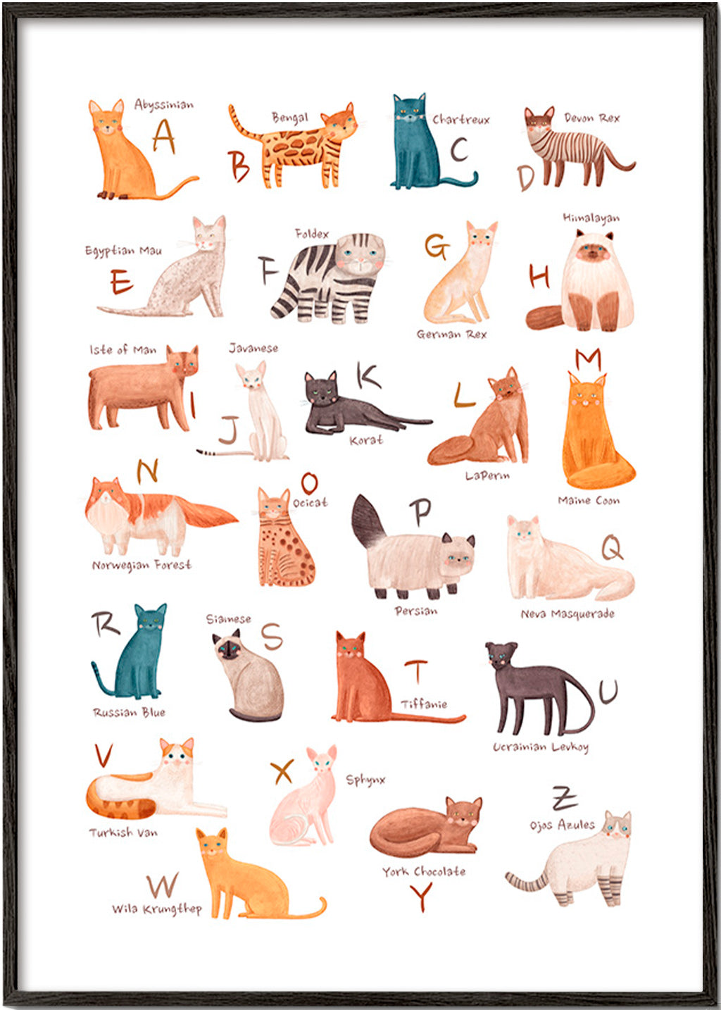 Lámina infantil: abecedario de gatos ilustrados – Black Frame