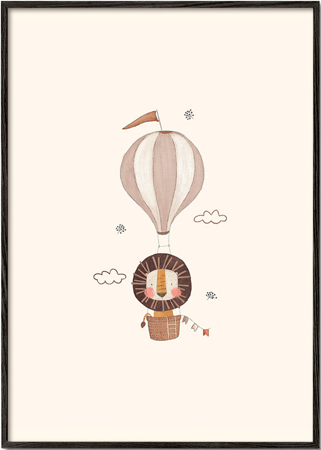 Lámina infantil: león en globo beige – Black Frame
