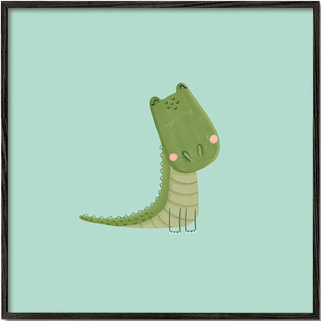 Lámina infantil cocodrilo sonriente sobre fondo mint – Black Frame