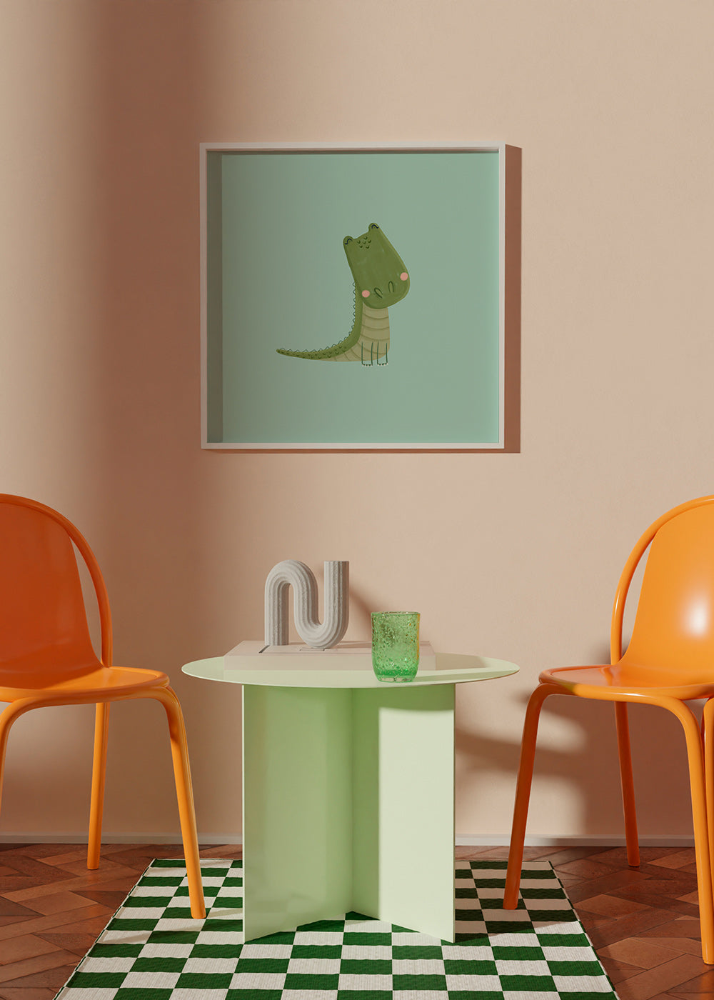 Lámina infantil cocodrilo sonriente sobre fondo mint – Product1
