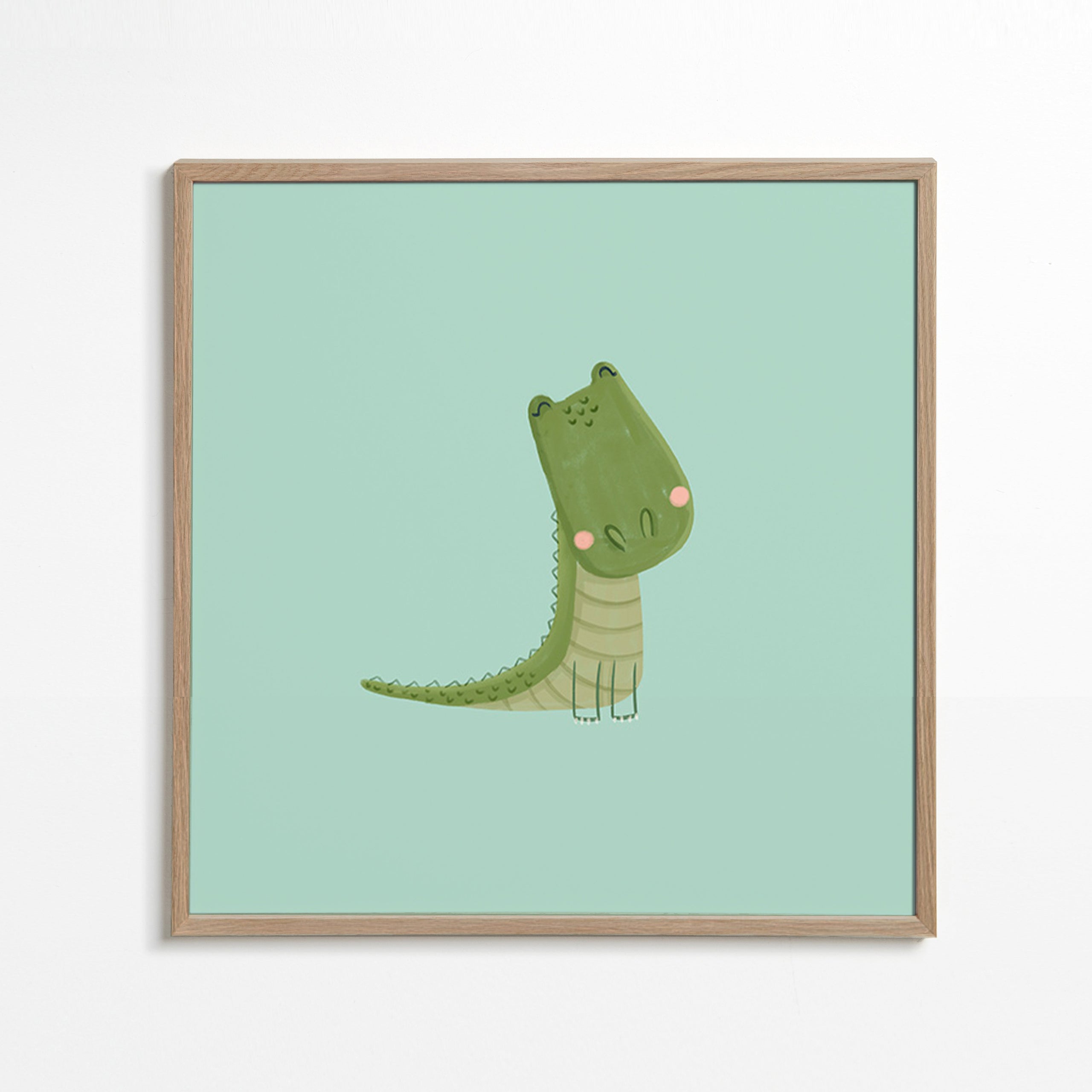 Lámina infantil cocodrilo sonriente sobre fondo mint – Oak Frame