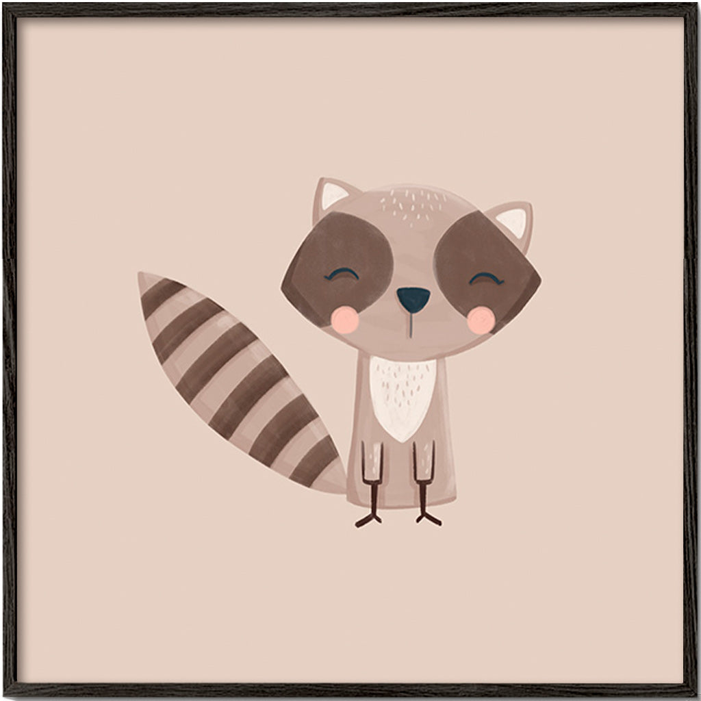 Lámina infantil: mapache sonriente sobre fondo beige – Black Frame