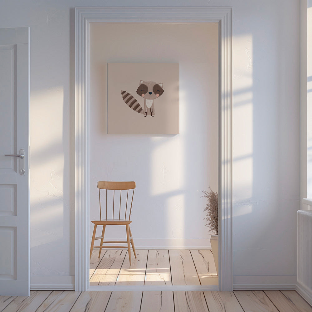 Lámina infantil: mapache sonriente sobre fondo beige – Canvas