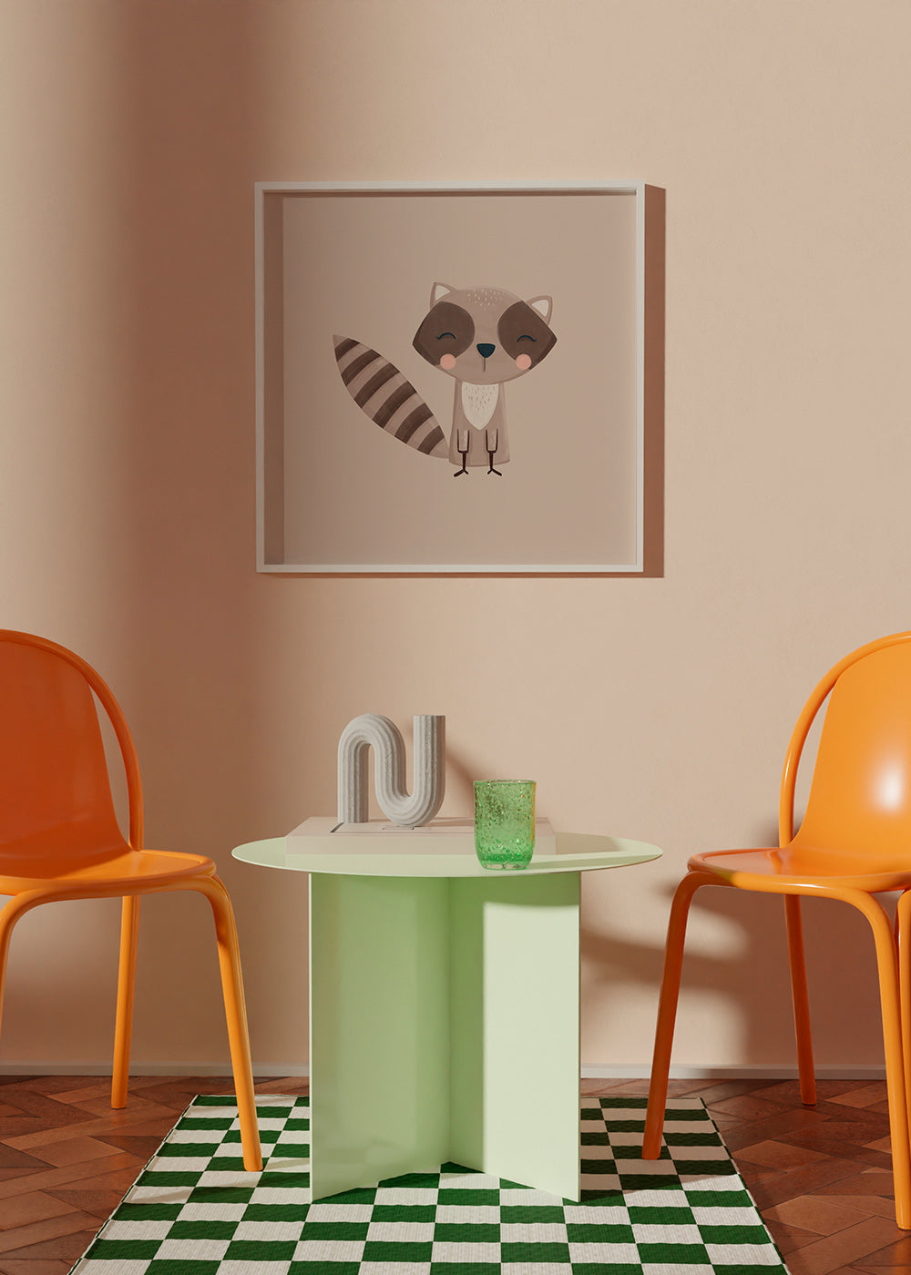 Lámina infantil: mapache sonriente sobre fondo beige – Product2