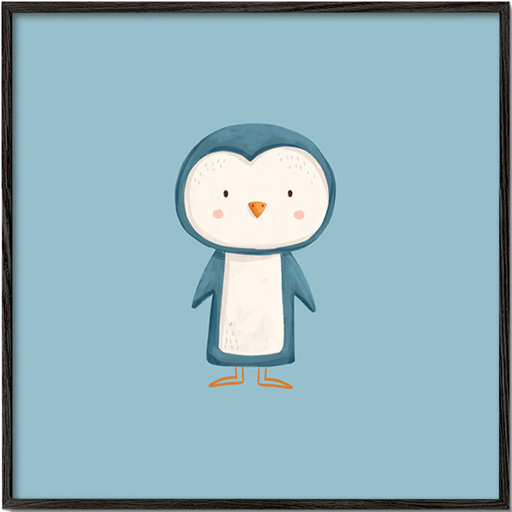 Cuadro pingüino ilustrado sobre fondo azul – Black Frame