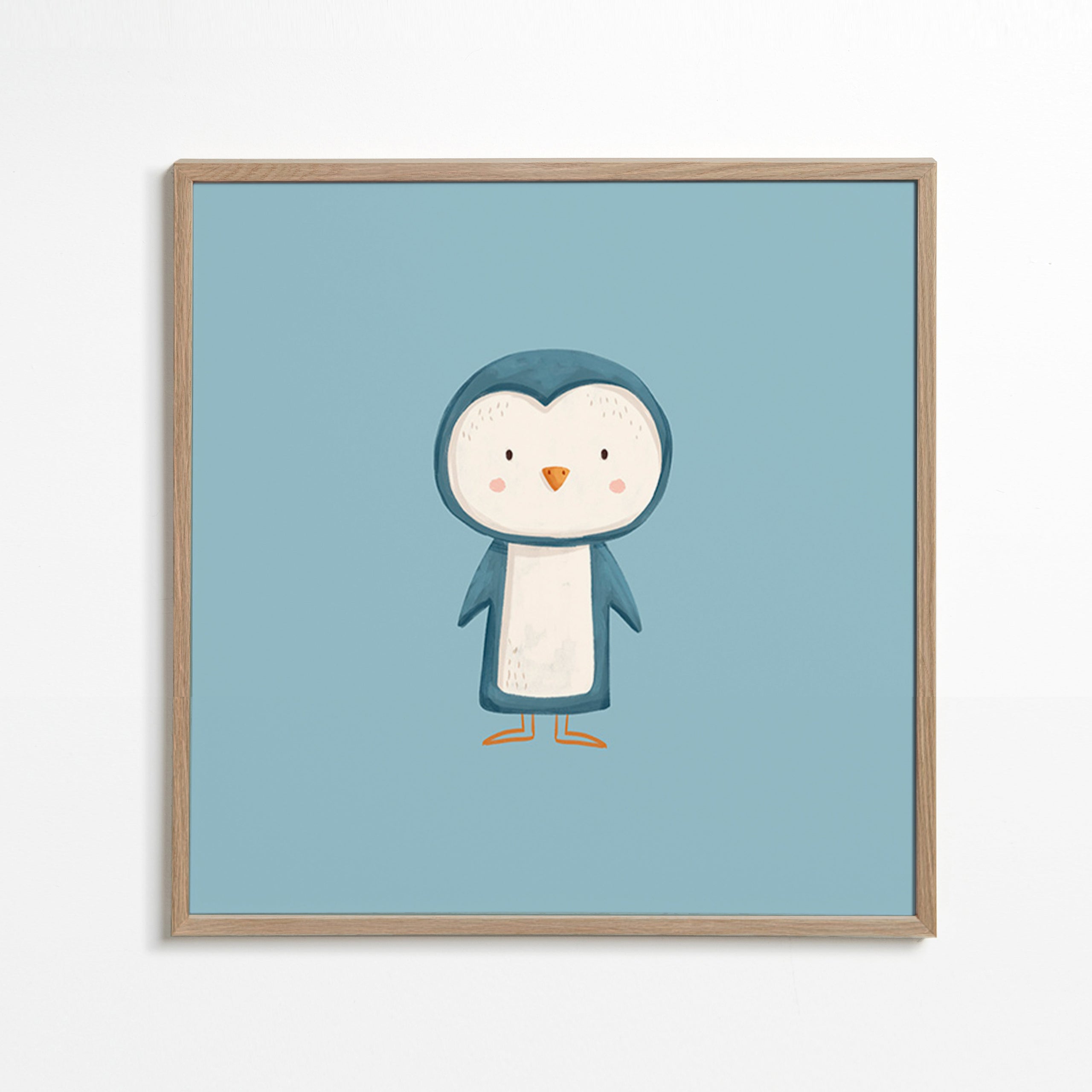Cuadro pingüino ilustrado sobre fondo azul – Oak Frame