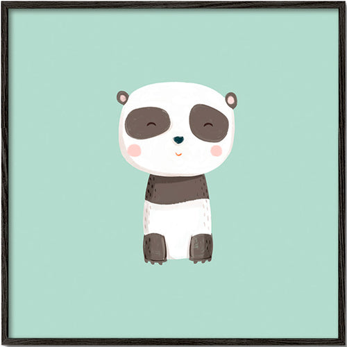 Lámina infantil de panda sonriente sobre fondo mint – Black Frame