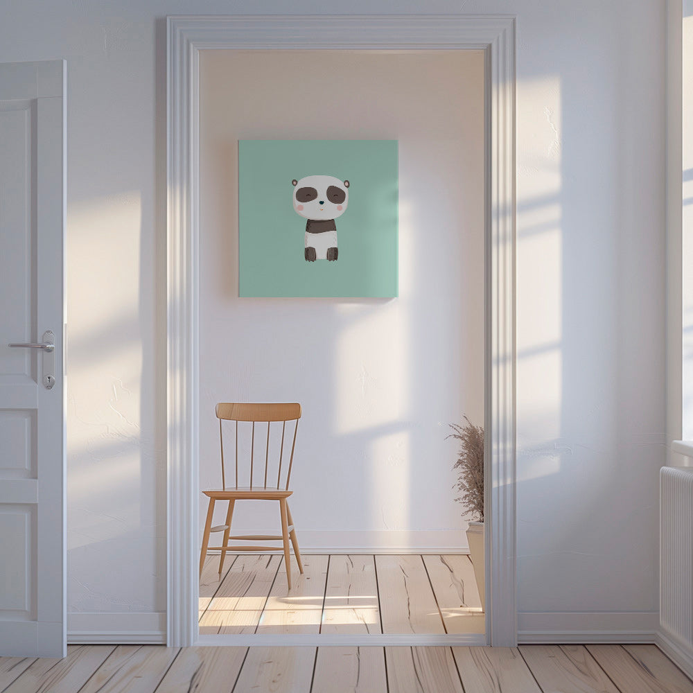 Lámina infantil de panda sonriente sobre fondo mint – Canvas