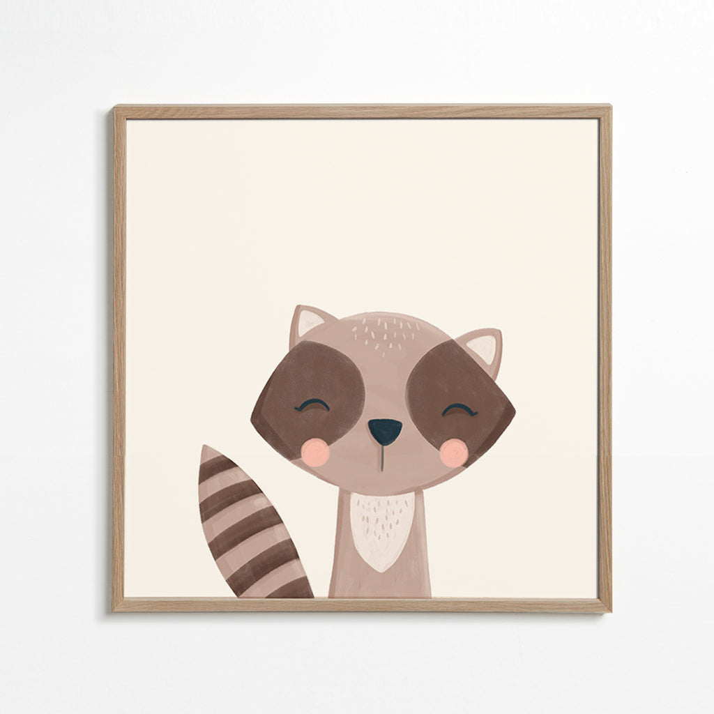 Lámina infantil mapache sonriente – Oak Frame