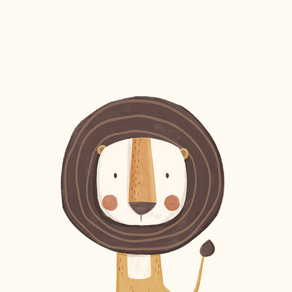 Lámina infantil con león sonriente y diseño minimal