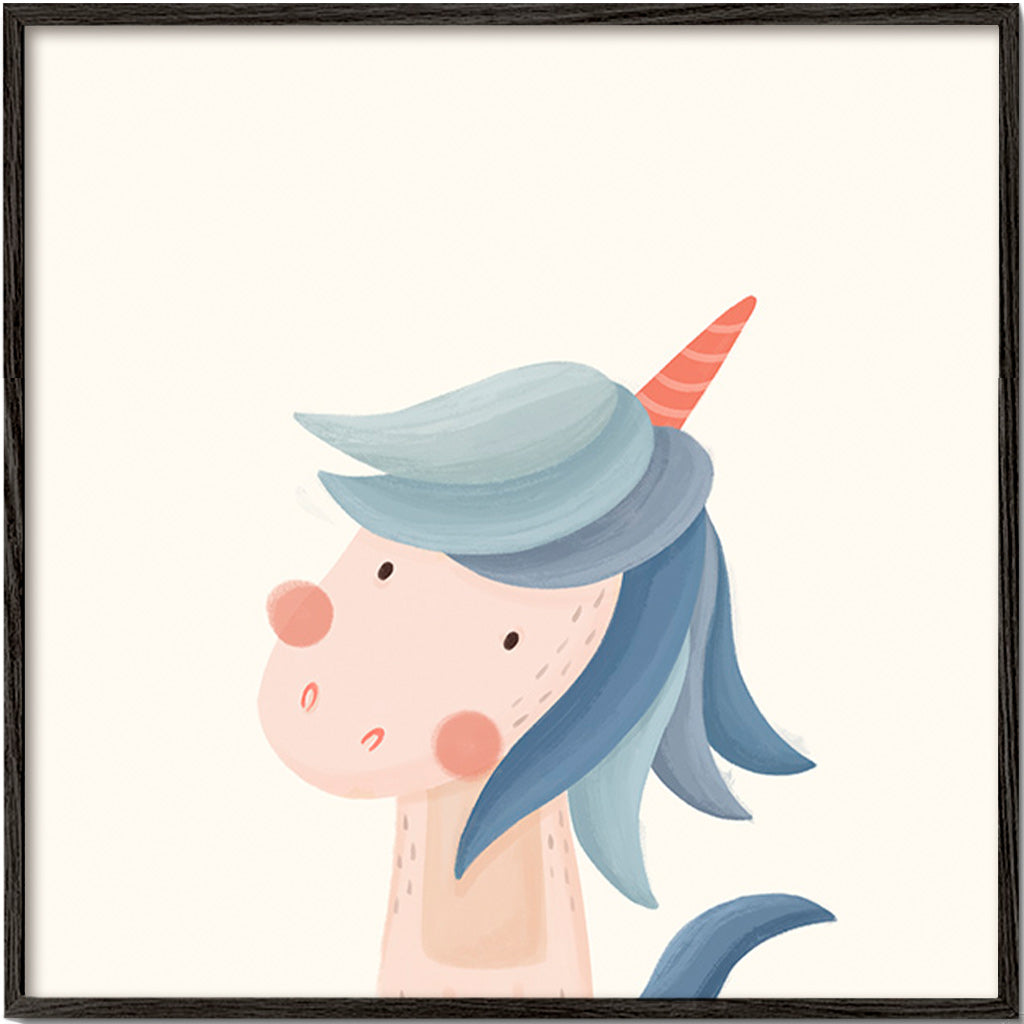 Lámina infantil unicornio azul simpático – Black Frame