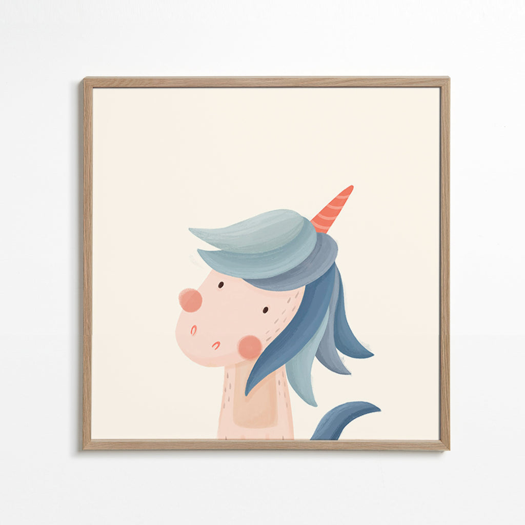 Lámina infantil unicornio azul simpático – Oak Frame