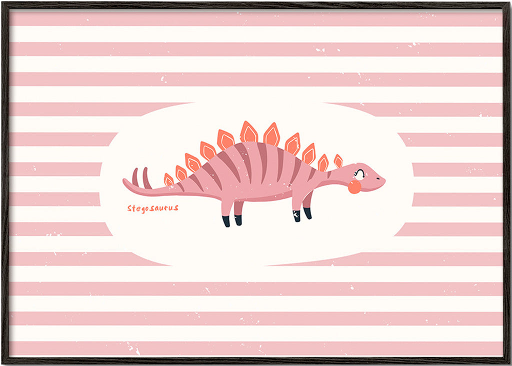 Lámina infantil de dinosaurio stegosaurus sobre rayas – Black Frame