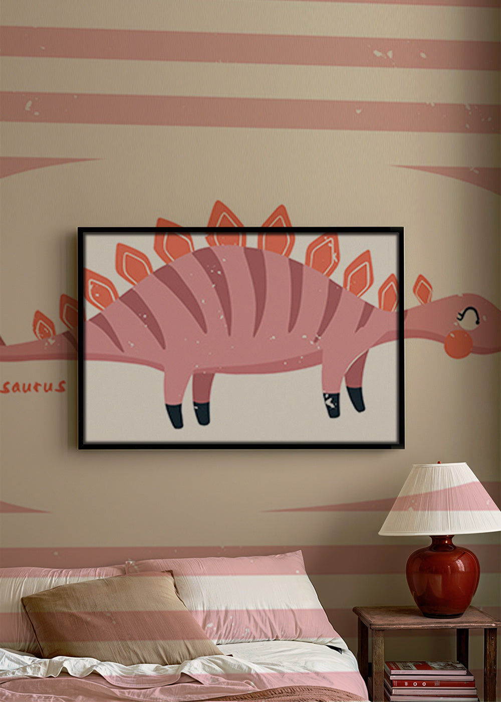 Lámina infantil de dinosaurio stegosaurus sobre rayas – Canvas1