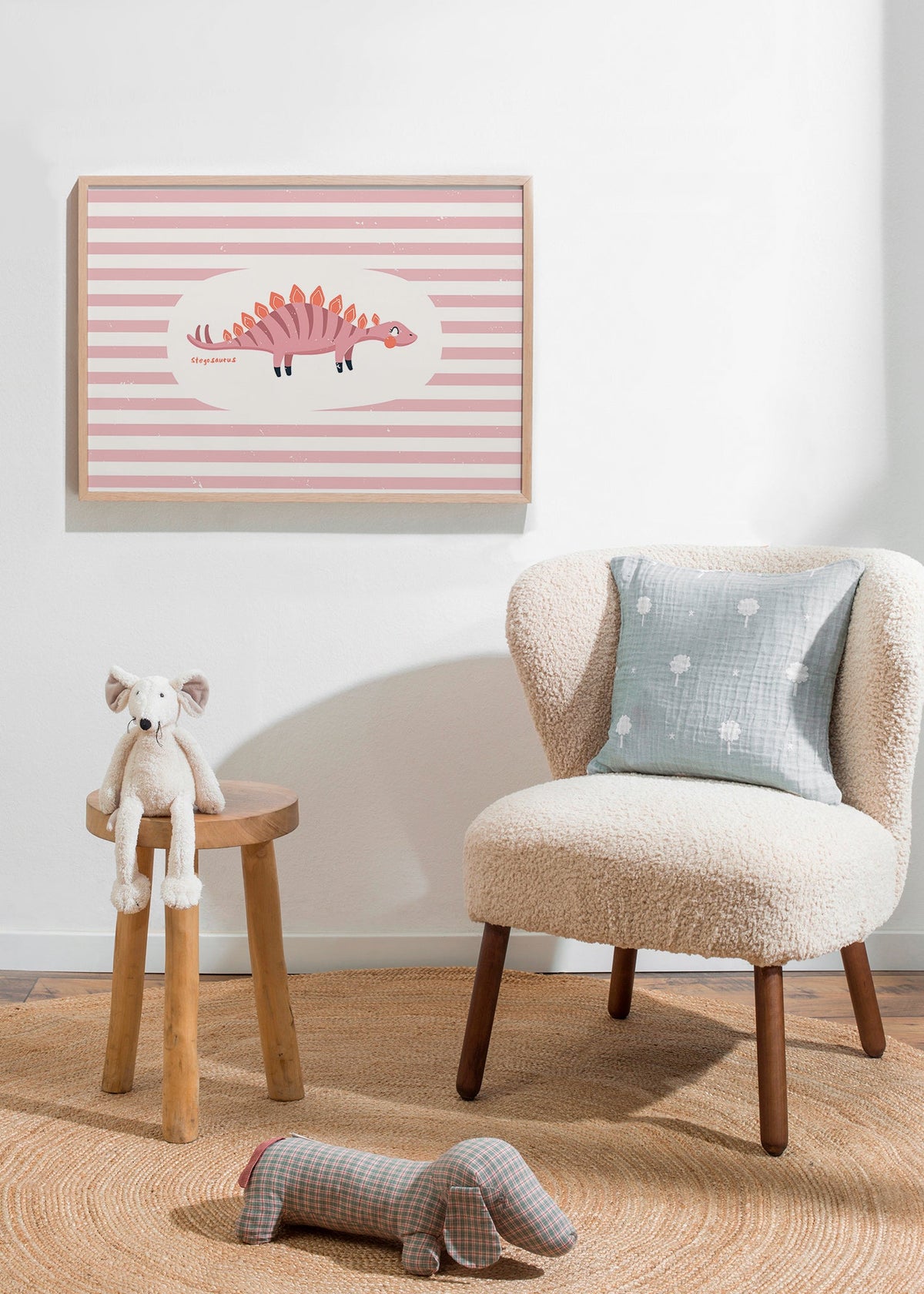 Lámina infantil de dinosaurio stegosaurus sobre rayas – Product1