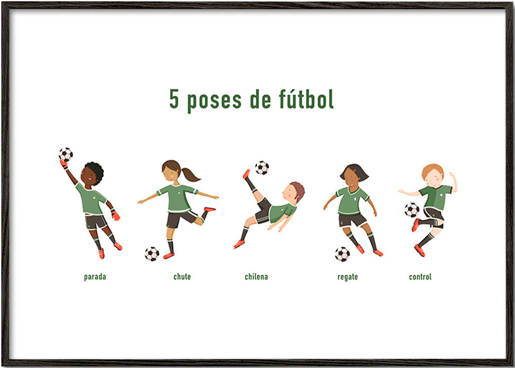 Cuadro deportivo con 5 poses de fútbol – Black Frame