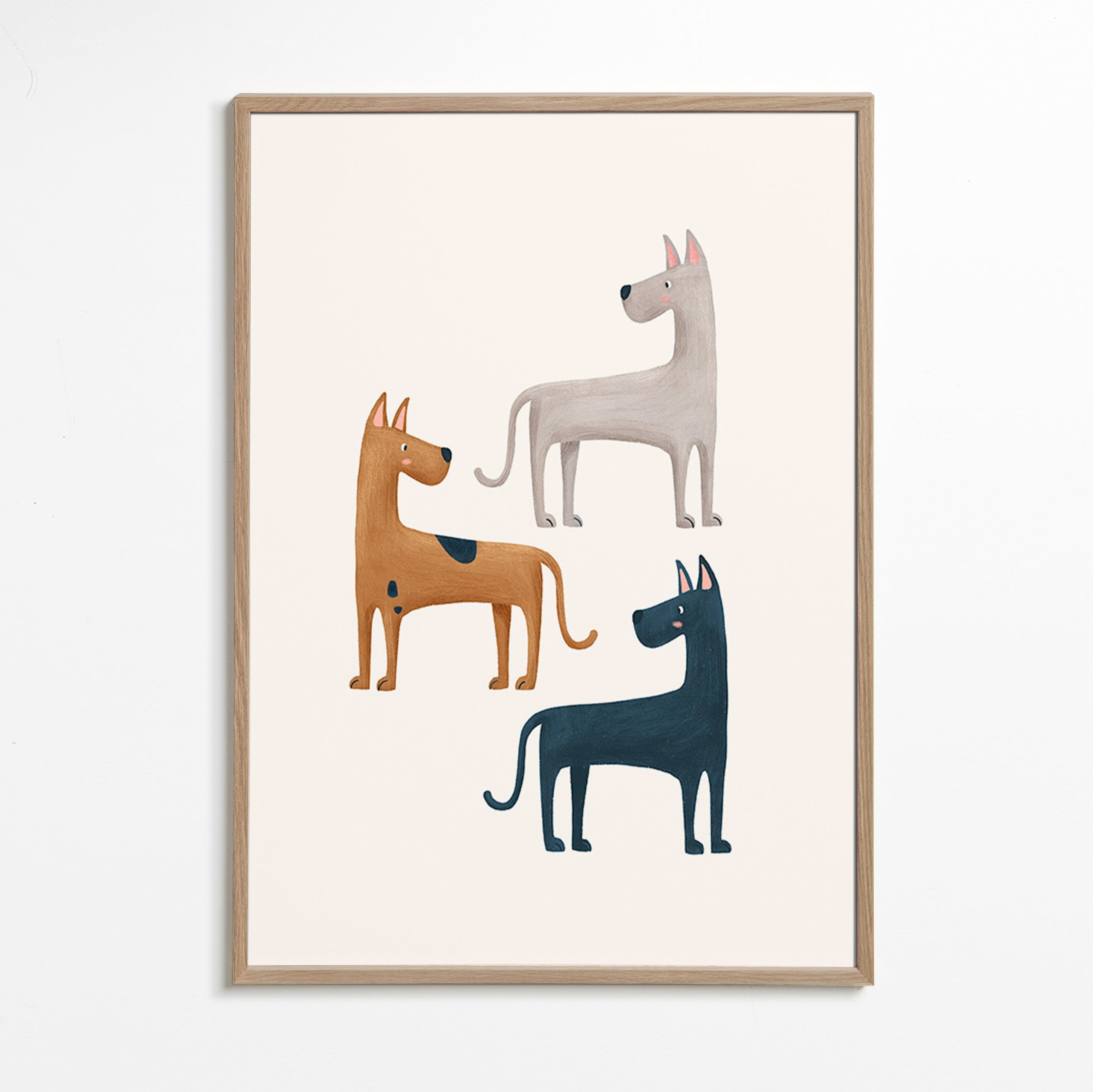 Cuadro con tres perros ilustrados – Oak Frame