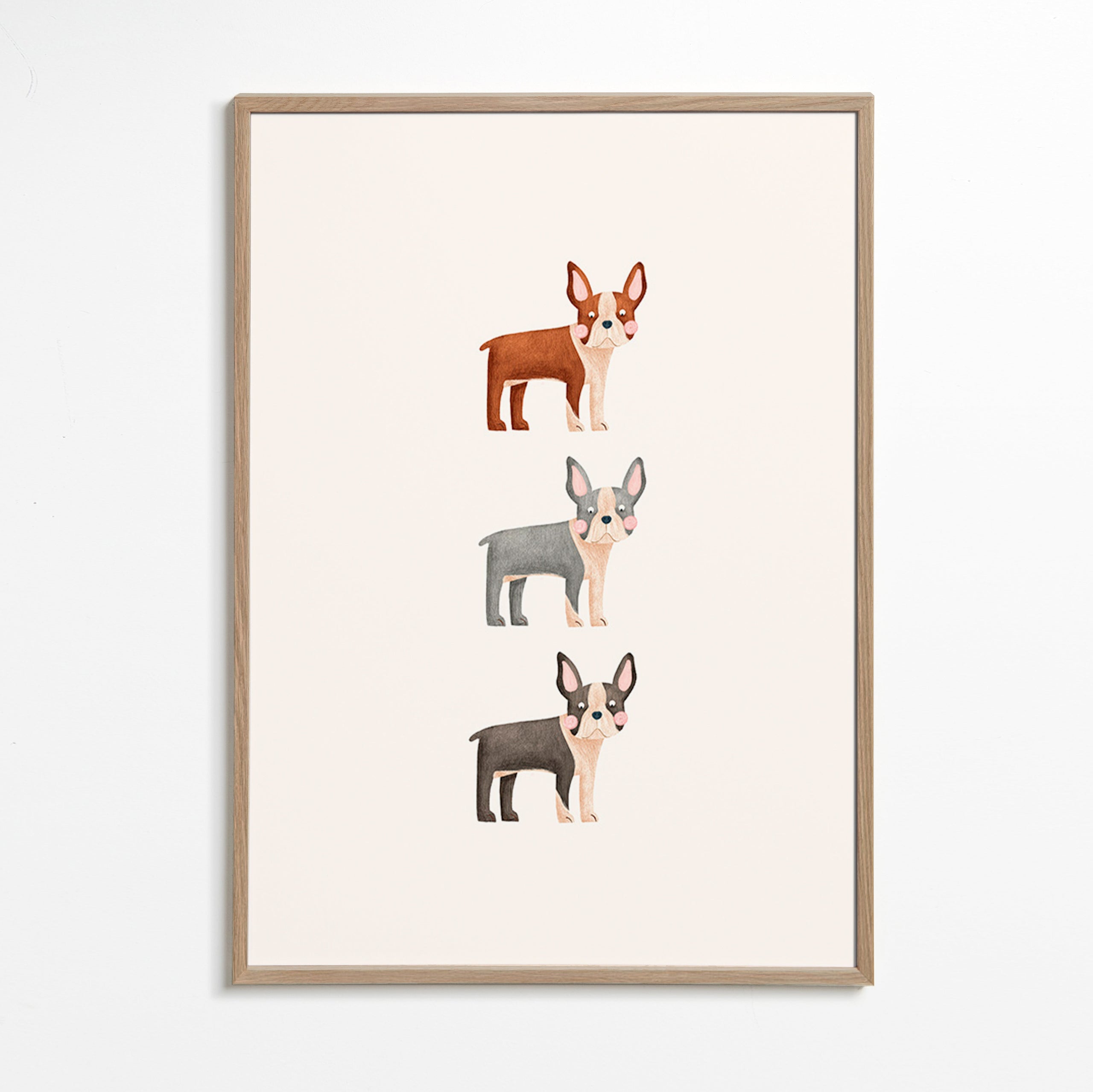 Cuadro Boston Terrier en fila vertical – Oak Frame