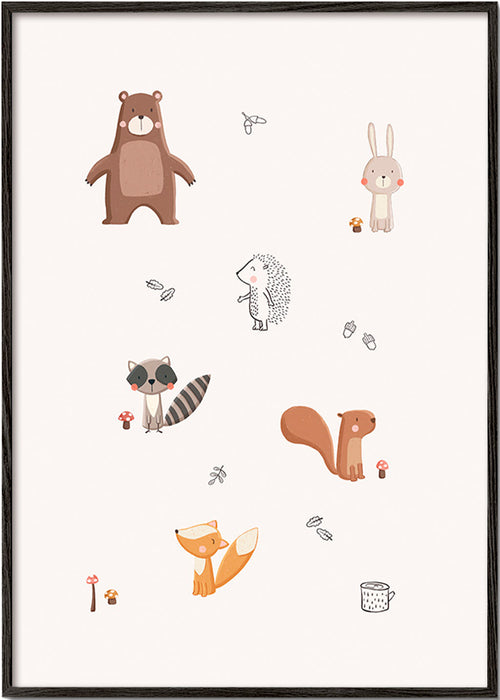 Lámina infantil con animales del bosque en tonos pastel – Black Frame