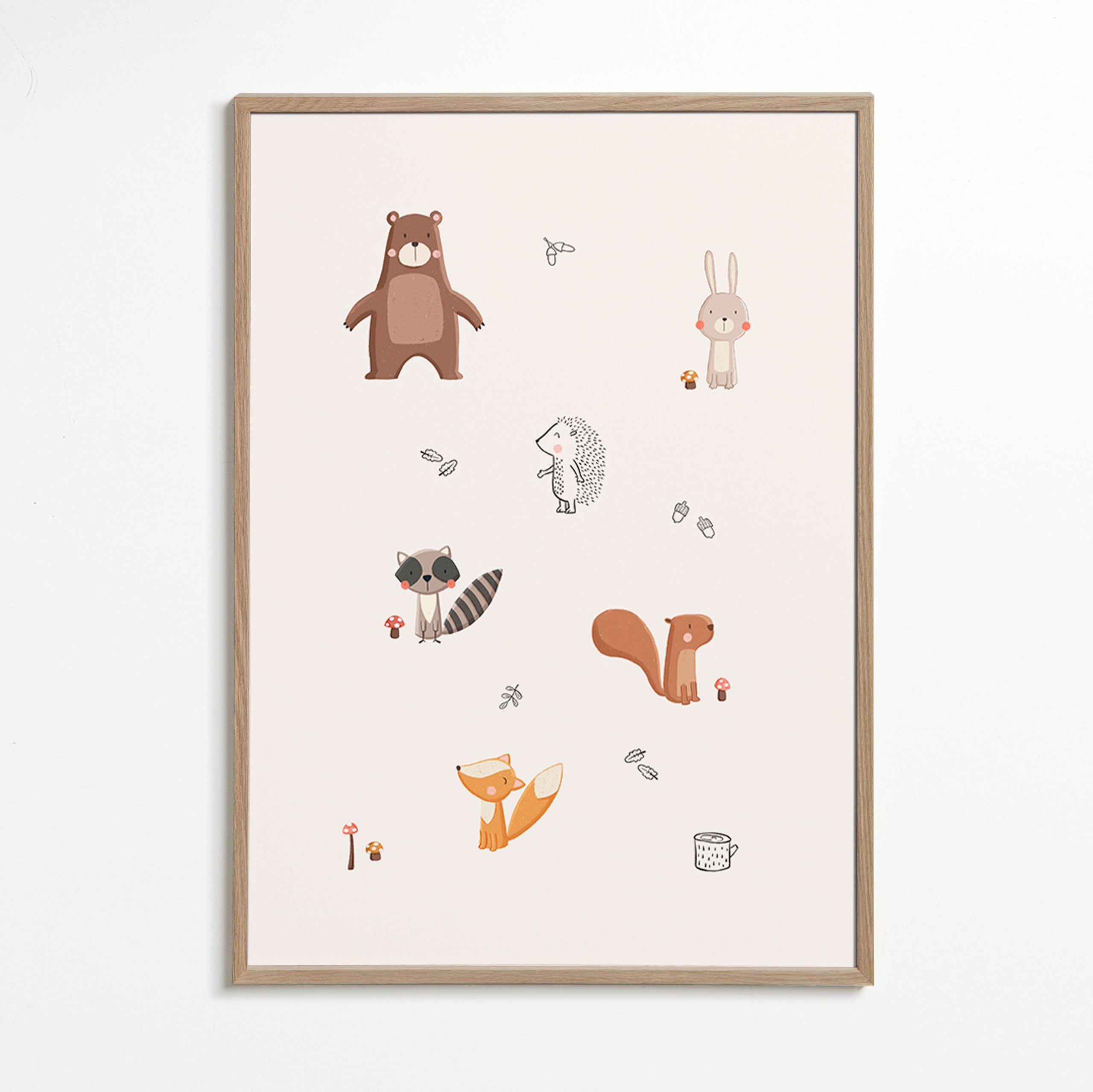 Lámina infantil con animales del bosque en tonos pastel – Oak Frame
