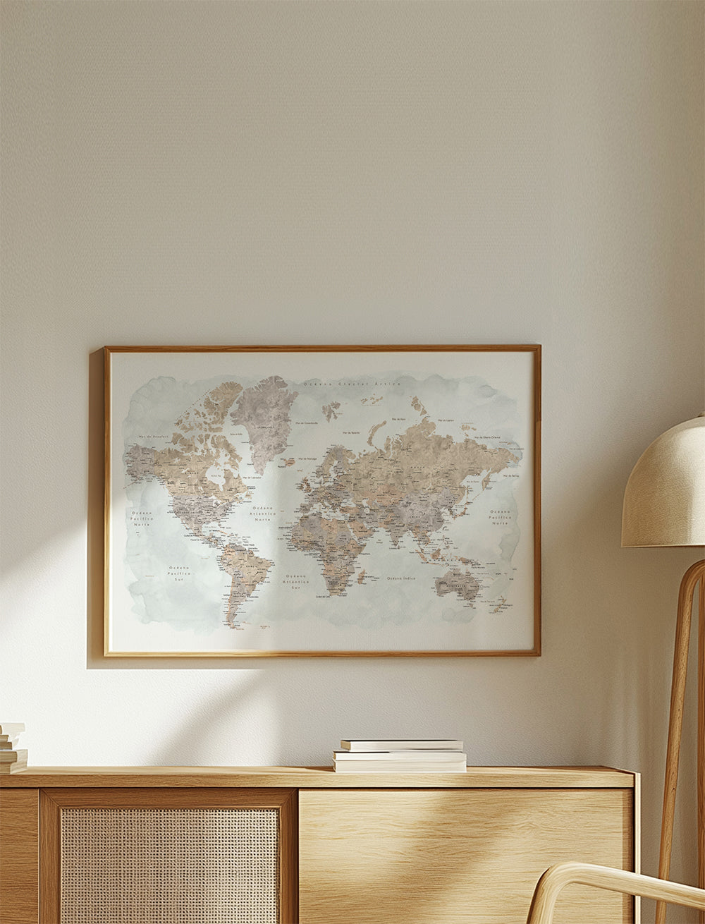 Detailed watercolor world map with labels in Spanish, Calista
