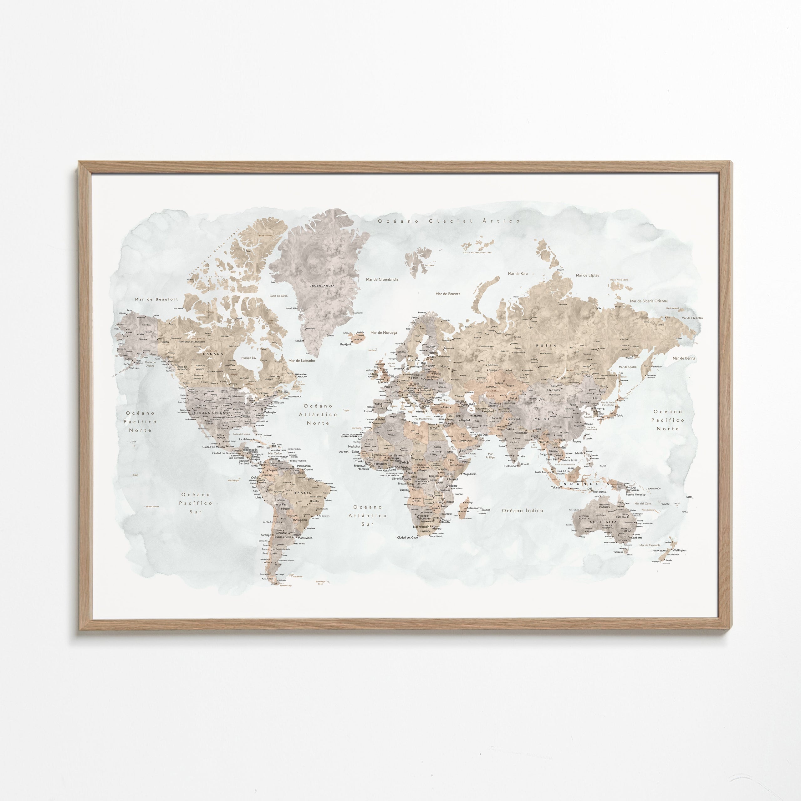 Detailed watercolor world map with labels in Spanish, Calista