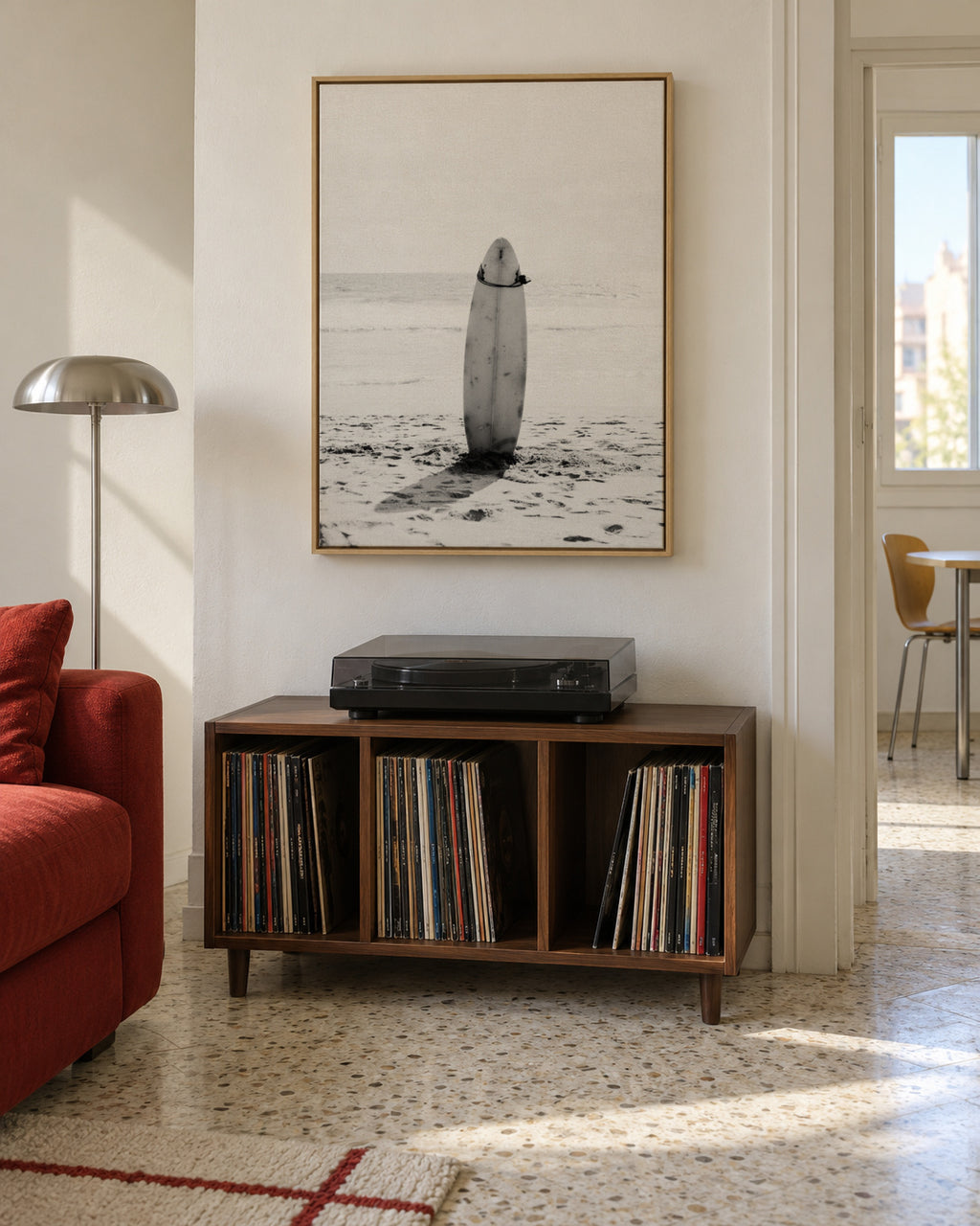 Beach Vintage Surfing board Black & White - Framed canvas in an interior