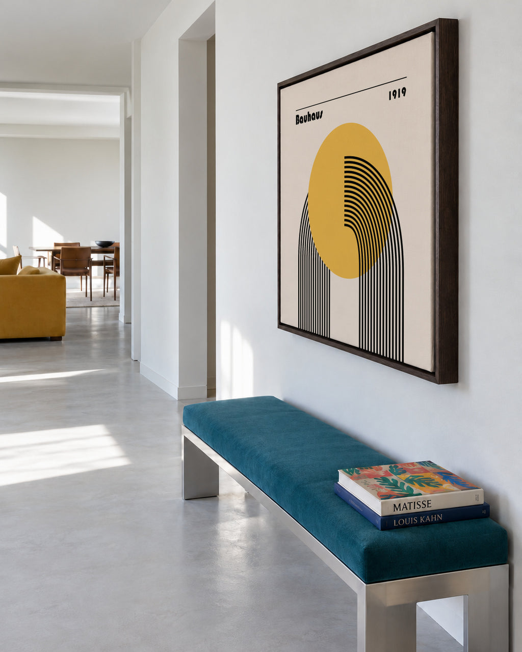 Bauhaus Venus yellow circle II - Framed canvas in an interior