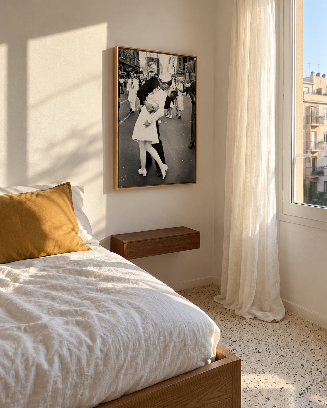 V-J Day Kiss Poster - vintage photograph - Framed canvas in an interior