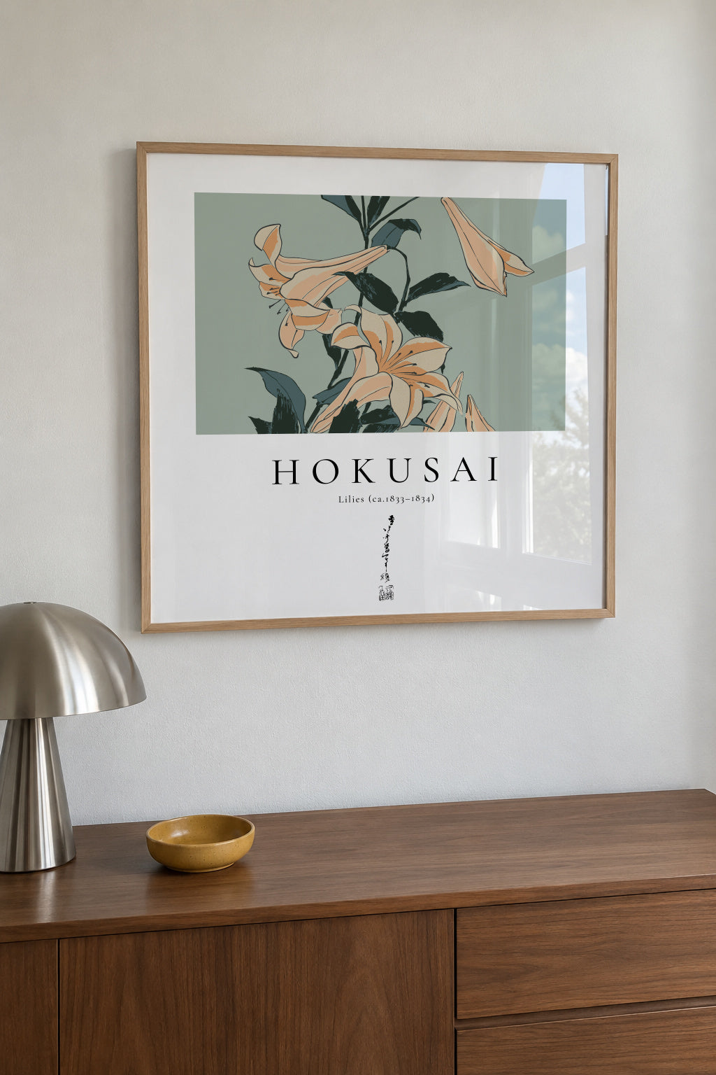 lilies by Katsushika Hokusai - Square - Framed poster in an interior