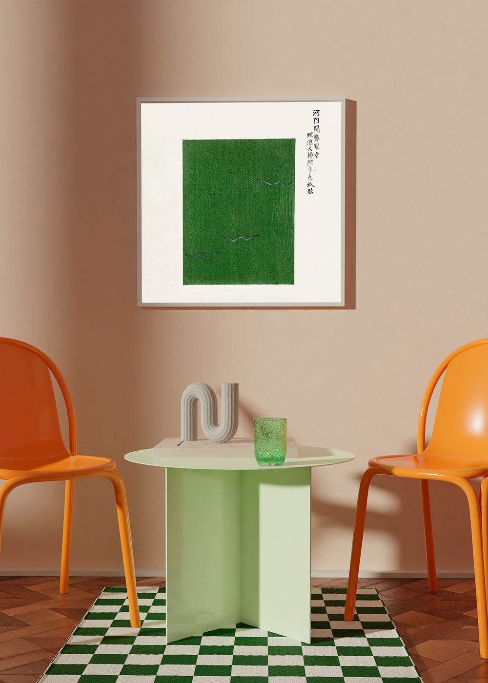 Green Birds Woodblock print from Yatsuo no tsubaki by Taguchi Tomoki - Square