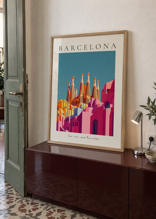Sun, Sea and Barcelona - Framed poster in an interior