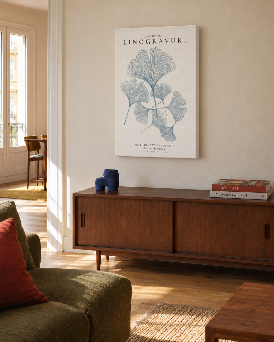Exposition de linogravure, Ginkgo leaves - Unframed canvas in an interior