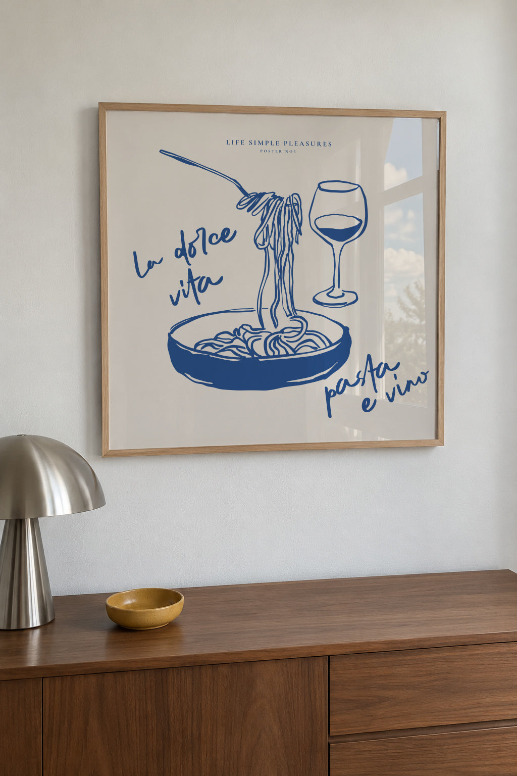 Life Simple simple pleasures - La Dolce Vita, Pasta e vino - SQUARE - Framed poster in an interior