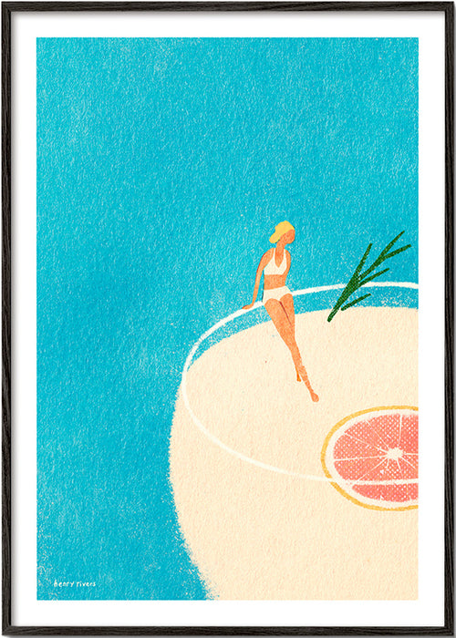 Cuadro de cocina con Gin Tonic ilustrado y figura sentada – Black Frame