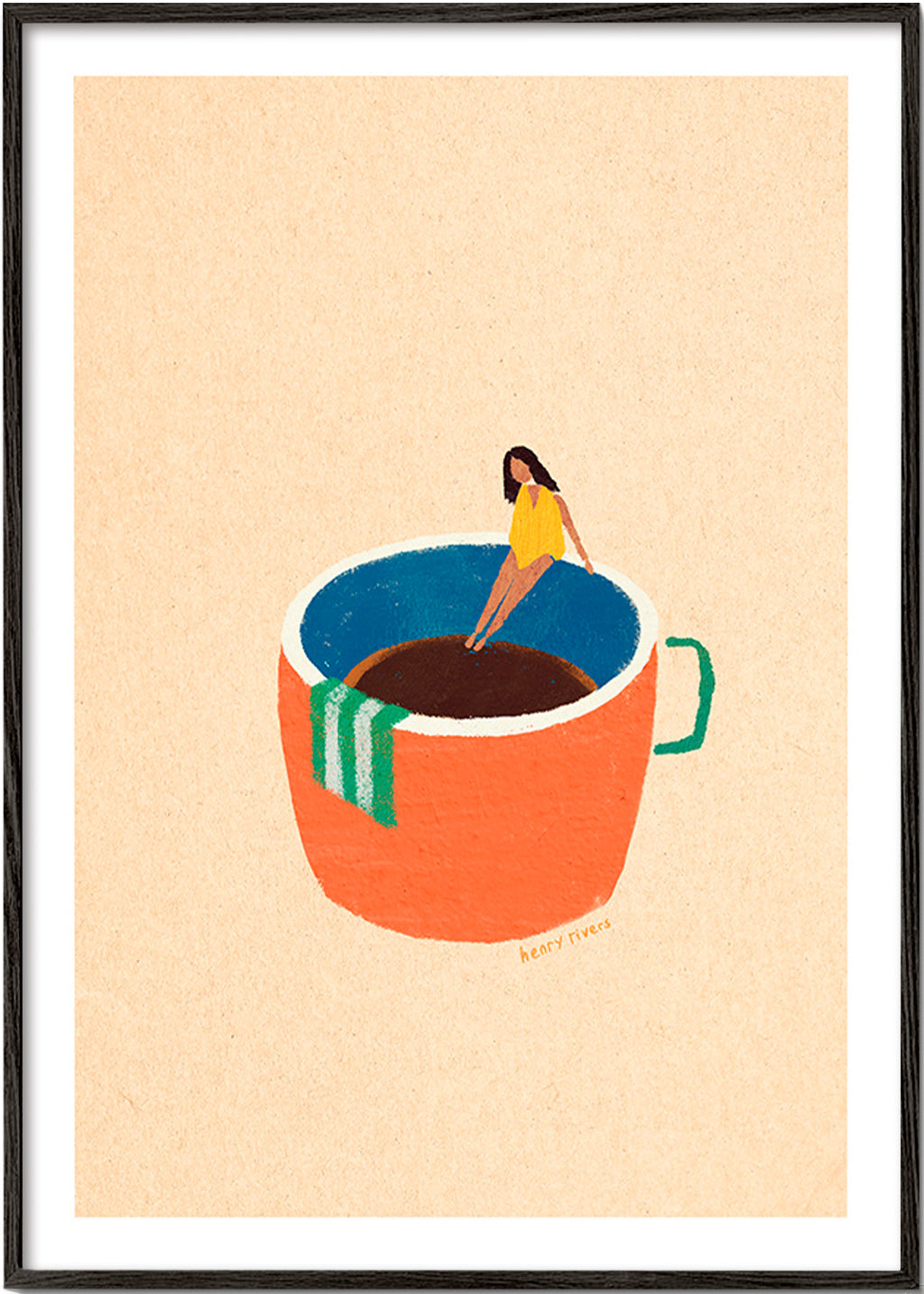 Cuadro de cocina con taza de café y figura ilustrada – Black Frame